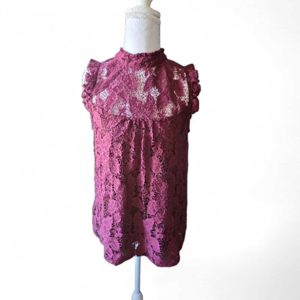 Lily White Burgundy Lace Sleeveless Blouse Sheer Floral Crochet Blouse Top